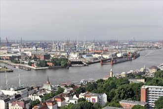 Urban skyline with river, (Elbe) harbours and scattered church towers, Hamburg, Hanseatic City of