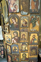Painted Greek religious icons on display, Rhodes, Greece, Europe
