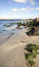 Rocks and sandy beach, Melby, near Sandness, Mainland, Shetland Islands, Scotland, United Kingdom,