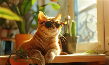 Relaxed cat with sunglasses sitting by a sunny window surrounded by plants AI generated