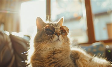 Fluffy cat with sunglasses on looking content in a sunlit room with blue cushion AI generated
