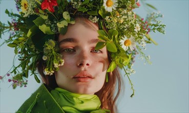 A young woman adorned with a vibrant floral crown and green clothing looks pensively into the