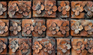 Terracotta tiles with ornate flower sculptures creating rustic wall art AI generated
