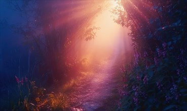 A pathway illuminated by magical light at twilight, with flowers and ethereal purple hues AI