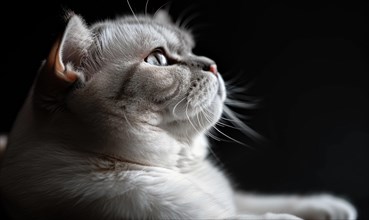 Close-up of a grey cat in contemplation against a dark background AI generated