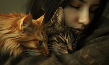 A serene woman sleeping closely with a cat AI generated