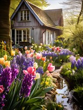 Traditional cottage garden with spring flowers tulips hyacinths pansies in warm morning light, AI