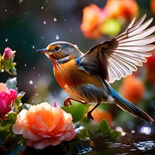 Colorful robin bird dynamic takeoff from a blooming garden expressing summer wildlife, AI generated