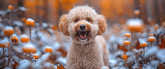 A joyful poodle playing among orange pumpkins as snow gently falls in an autumn setting, AI