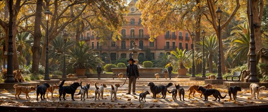 Person standing among dogs in a peaceful park setting with autumn trees, AI generated