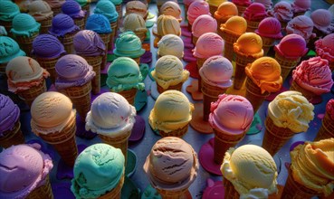 Colorful assortment of ice cream cones on the shop showcase. Colorful ice cream background AI