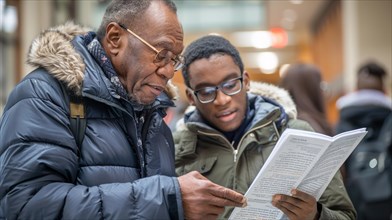 African american Old university professor and a young adult student engrossed in reading a paper