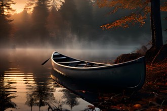 Solitary canoe rests on mist shrouded lake at dawn autumnal forest, AI generated