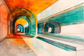 Abstract watercolor painting of a colorful tunnel, emphasizing the dynamic play of light and