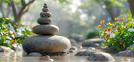 A rock tower balanced in a zen garden with morning dew and flowers, image depicting relaxation,