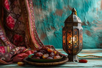 Ramadan lantern with a plate of succulent figs, set on an ornate table with intricate designs,