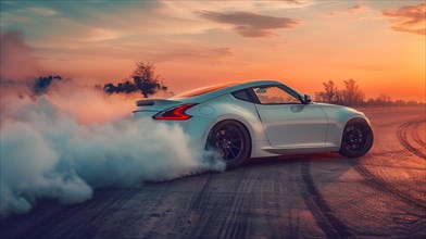 A performance car doing a burnout in a dynamic pose at dawn, with smoke and a pastel sky, AI