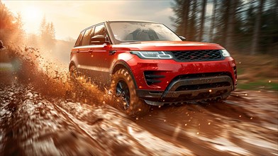A red SUV making a big splash while crossing water on a forest trail, AI generated