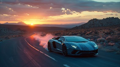 Italian expensive camouflaged Supercar driving through desert at sunset with dust trail, AI