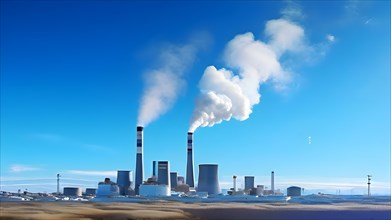 Smokestacks emitting carbon dioxide against a backdrop of a clear blue sky indicating air