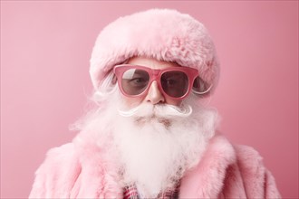 Modern Santa Claus interpretation with old man with long white beard and pastel pink clothing and