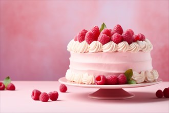 Buttercream cake with fresh rasberry fruits on pink background. KI generiert, generiert, AI