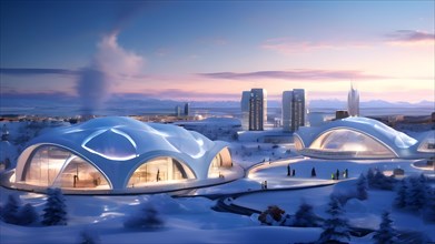 Concept for arctic city designed for sustainability featuring geothermal heating, AI generated