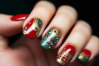 Close up of woman's fingernials with red, green and golden Christmas nail art design. KI generiert,