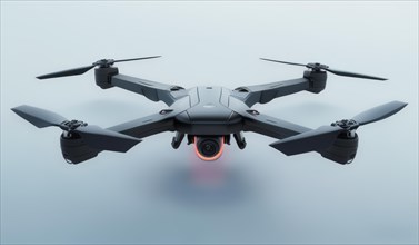 Futuristic drone with glowing red light hovers against a dark background, exuding modern