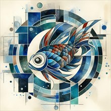 Harmonious abstract watercolor of a fish with geometric circles in cool colors, square aspect, AI