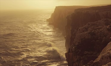 Sunset brings a moody atmosphere to misty coastal cliffs by the ocean AI generated