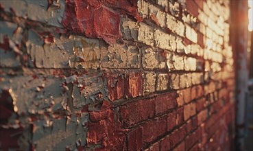 Sunlit old wall with red bricks partially covered with peeling layers of paint AI generated