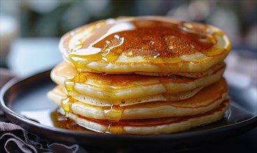 Maple syrup poured on pancakes on a plate with a light, blurry background AI generated