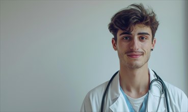 Confident young man with a stethoscope smiling in a professional setting AI generated