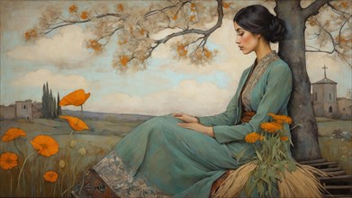 Painting of A serene woman sits under a tree with orange flowers, a church in the distance, AI