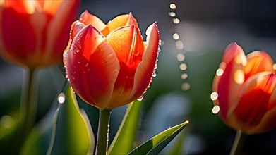 Morning dew glistens on vibrant tulips, AI generated