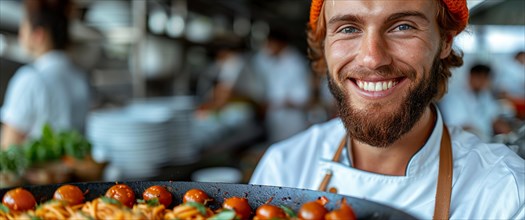 A happy chef with an orange beanie in a busy kitchen serving pasta dish with cherry tomatoes, AI