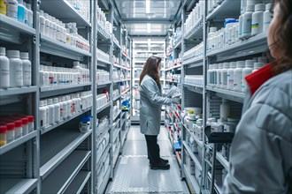 Professional pharmacist searching for medication in an organized pharmacy storage room, AI