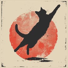 Silhouette of a cat against a minimalistic red circular background, grunge style, t-shirt design,