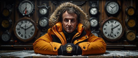 French Man in orange jacket surrounded by vintage clocks displaying introspective mood, AI