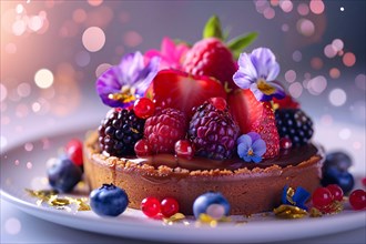 A vibrant berry tart adorned with flowers set against a sparkling background, AI generated