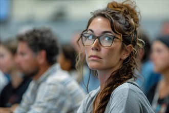 Female student with glasses attentively listening in a lecture room environment, AI generated