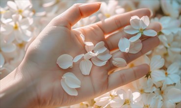 Close-up of a woman's hand with a neutral manicure, adorned with delicate flower petals AI