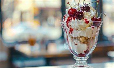 Sundae topped with cherries and whipped cream, closeup view, selective focus AI generated