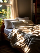 Imperfectly made bed in a sunlit room with rumpled sheets, AI generated