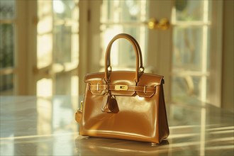 A luxurious leather designer handbag sits on a glossy surface in a sunlit room, casting soft