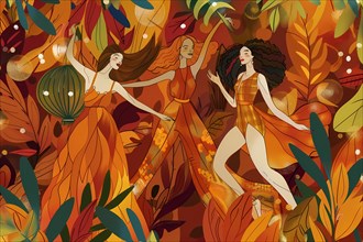 Illustration of three women dancing among vibrant autumn leaves, illustration, AI generated