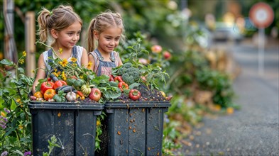 Twin girls smile admiringly at a lush urban vegetable garden in waste containers, waste separation,