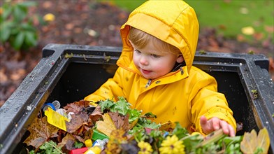 A caucasian child in a yellow raincoat plays with autumn leaves in a container, family waste