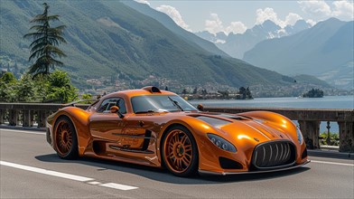 Luxury stunning orange supercar parked on a scenic lakeside road with mountain backdrop in northern